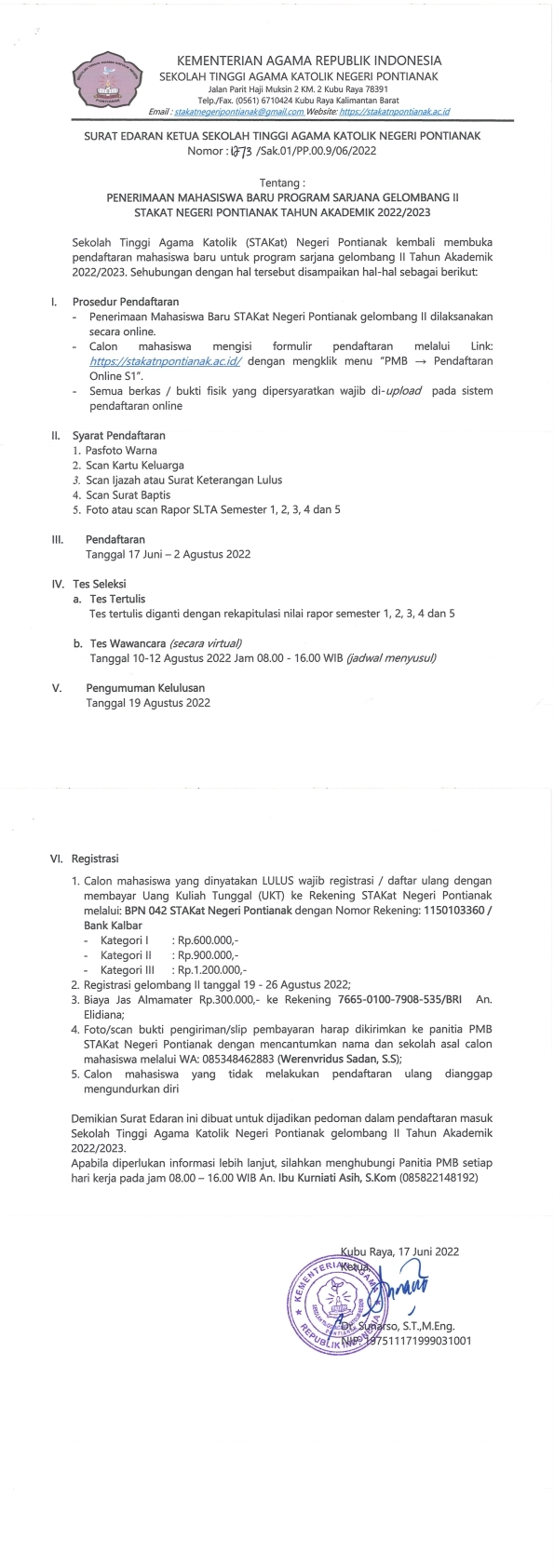 PENERIMAAN MAHASISWA BARU PROGRAM SARJANA GELOMBANG 2 STAKatN 2022/2023